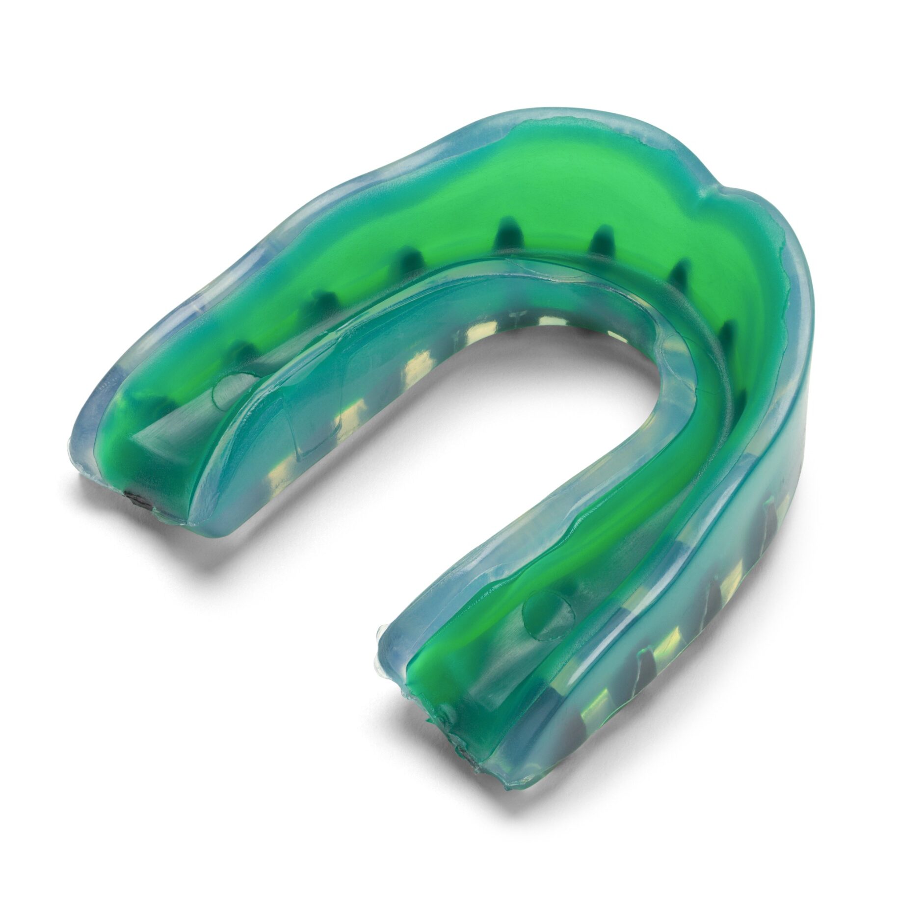 New Green Rubber Sports Mouthguard Isolated on White Background.